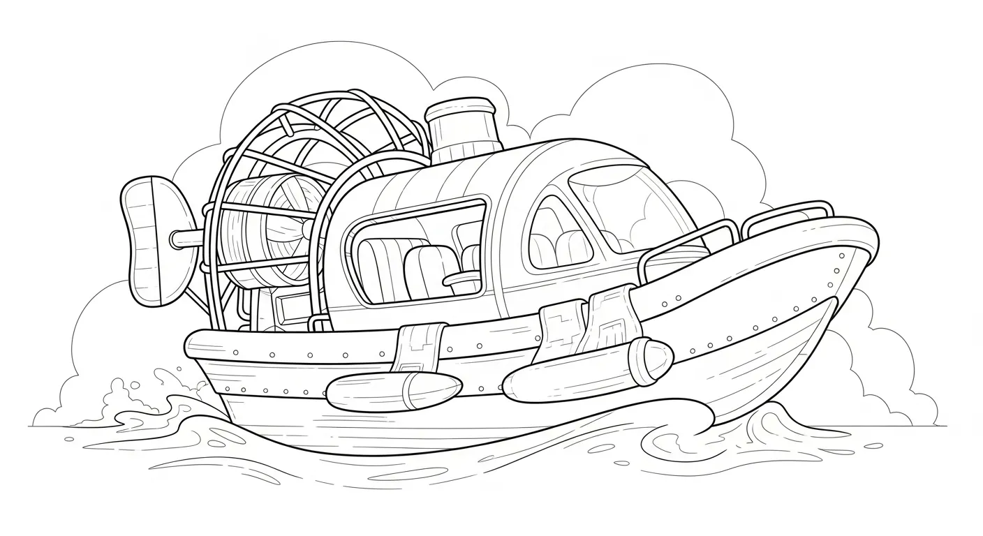 Desenho de contorno de um barco hovercraft com uma grande hélice na traseira protegida por grade, cabine com assentos visíveis e flutuadores laterais.