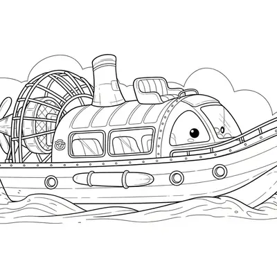 Desenho de contorno de um barco hovercraft animado com olhos, uma grande hélice traseira protegida por grade, cabine com assentos e chaminé.