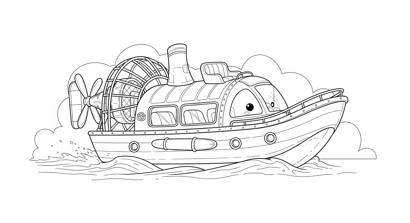 Desenho de contorno de um barco hovercraft animado com olhos, uma grande hélice traseira protegida por grade, cabine com assentos e chaminé.