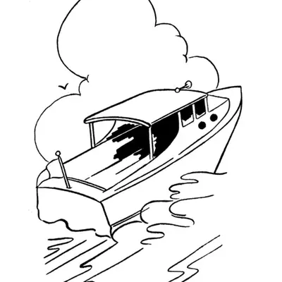 Desenho de contorno de uma lancha de motor com cobertura, navegando rapidamente e criando ondas na água, com uma nuvem grande ao fundo.