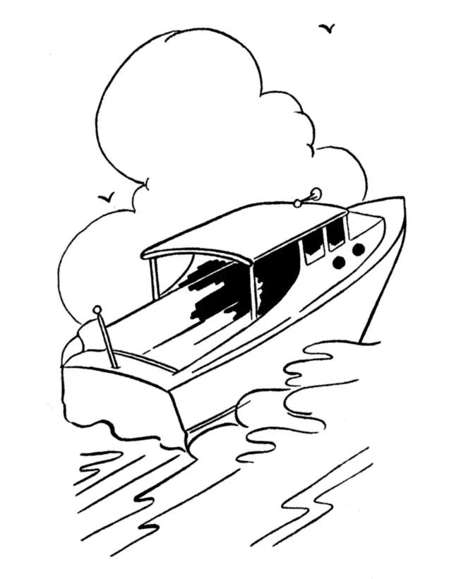 Desenho de contorno de uma lancha de motor com cobertura, navegando rapidamente e criando ondas na água, com uma nuvem grande ao fundo.