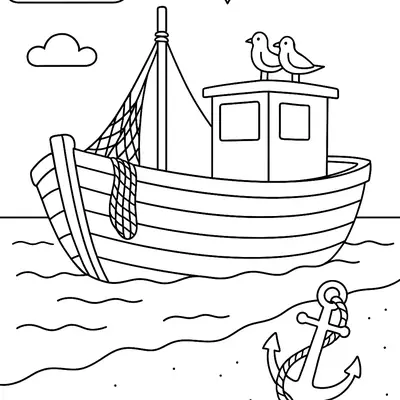 Desenho de contorno de um barco de pesca de madeira com uma rede pendurada, uma âncora com corda na areia em primeiro plano e gaivotas no teto da cabine.