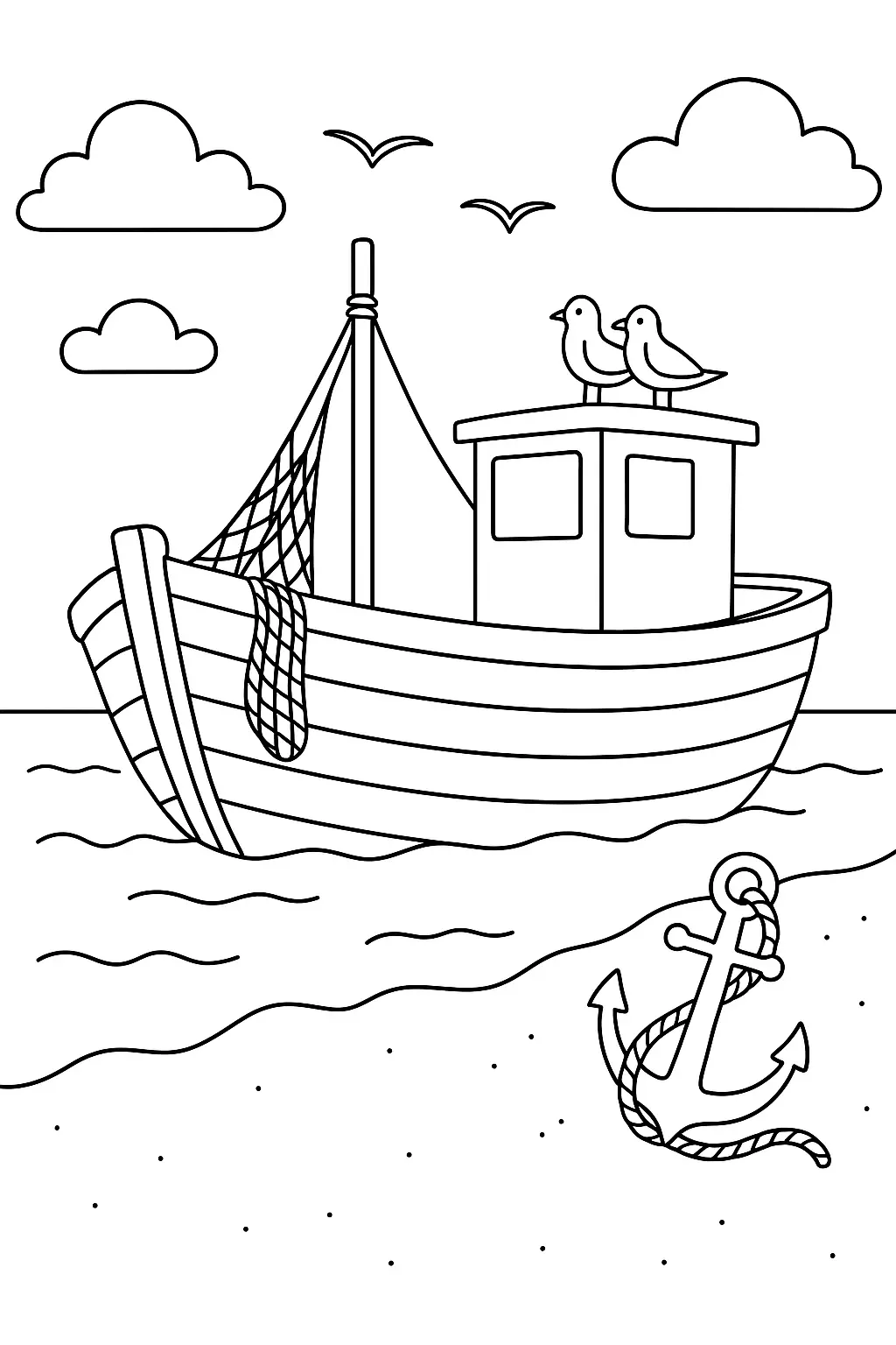 Desenho de contorno de um barco de pesca de madeira com uma rede pendurada, uma âncora com corda na areia em primeiro plano e gaivotas no teto da cabine.