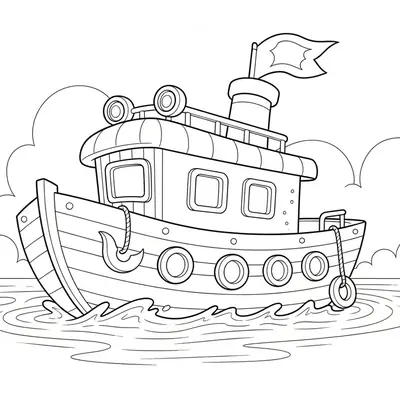 Desenho de contorno de um barco de pesca de madeira com uma cabine quadrada, bandeira no topo, boias redondas na lateral e um gancho de pesca na proa.