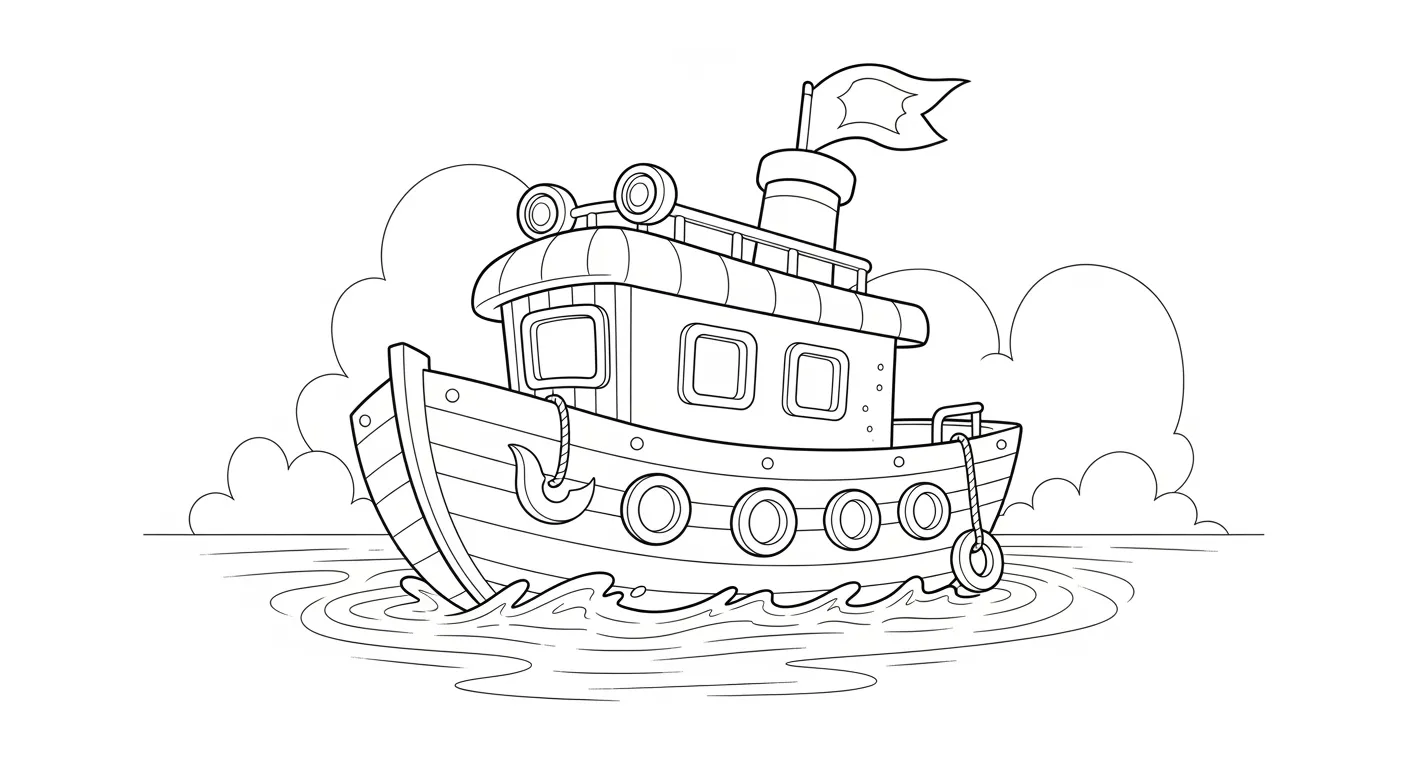 Desenho de contorno de um barco de pesca de madeira com uma cabine quadrada, bandeira no topo, boias redondas na lateral e um gancho de pesca na proa.