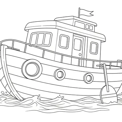 Desenho de contorno para colorir de um barco de pesca em alto mar, mostrando a cabine de comando, boia lateral e ondas de água.