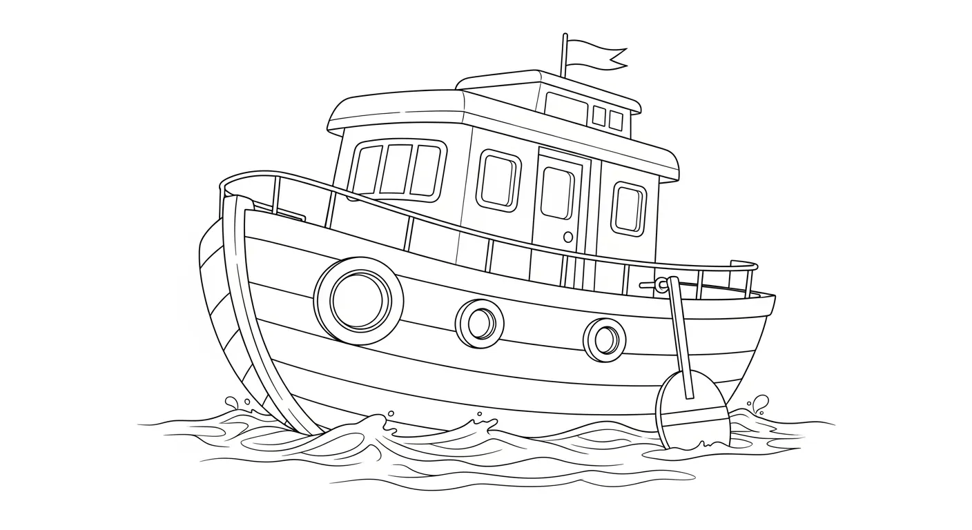 Desenho de contorno para colorir de um barco de pesca em alto mar, mostrando a cabine de comando, boia lateral e ondas de água.