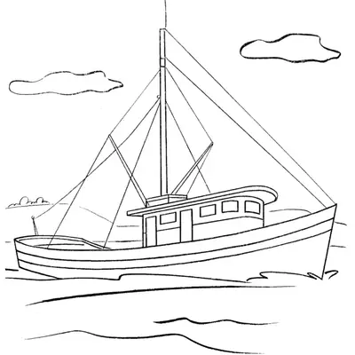 Desenho de contorno de um barco de pesca de madeira com um mastro central alto, cabine com janelas e nuvens no horizonte.