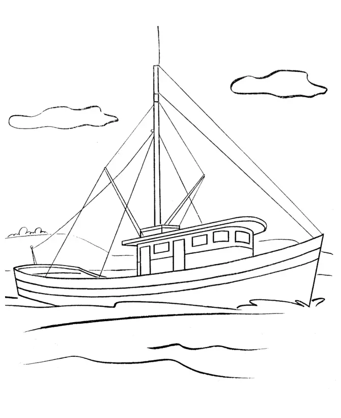 Desenho de contorno de um barco de pesca de madeira com um mastro central alto, cabine com janelas e nuvens no horizonte.