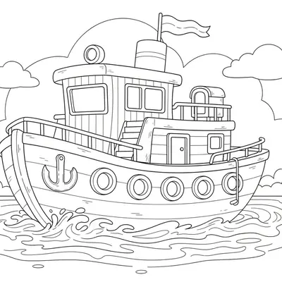 Desenho de contorno de um barco rebocador com cabine, chaminé, bandeira no topo, âncora na proa e várias boias redondas na lateral.