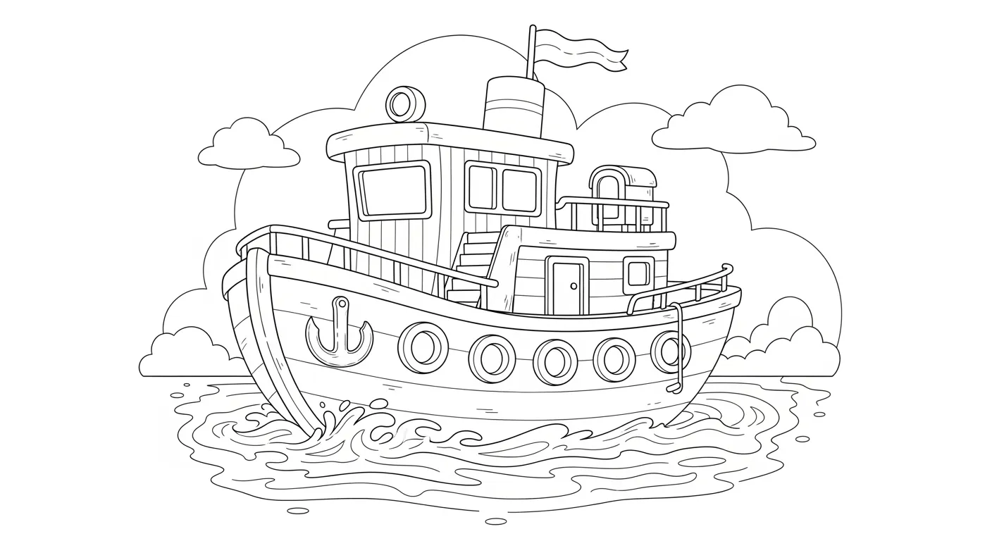 Desenho de contorno de um barco rebocador com cabine, chaminé, bandeira no topo, âncora na proa e várias boias redondas na lateral.
