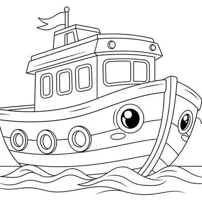 Desenho de contorno de um barco rebocador de desenho animado com olhos na frente, cabine com janelas, bandeira no topo e navegando no mar.