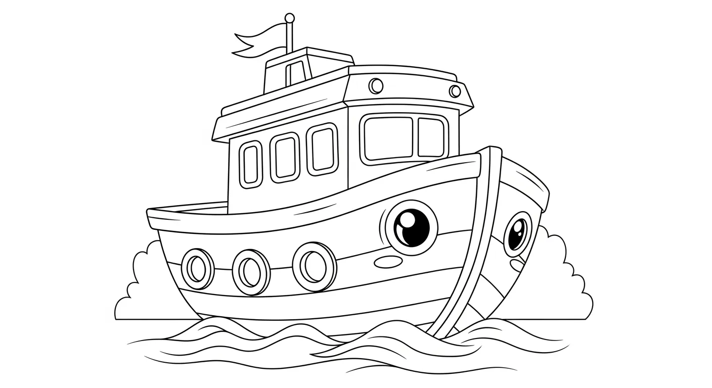 Desenho de contorno de um barco rebocador de desenho animado com olhos na frente, cabine com janelas, bandeira no topo e navegando no mar.