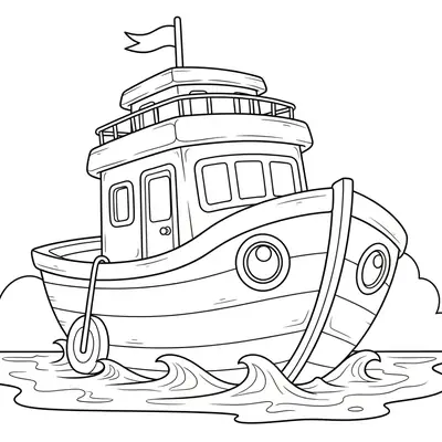 Desenho de contorno de um barco rebocador com cabine de comando, janelas frontais, porta lateral, boia de segurança e uma bandeira no topo.