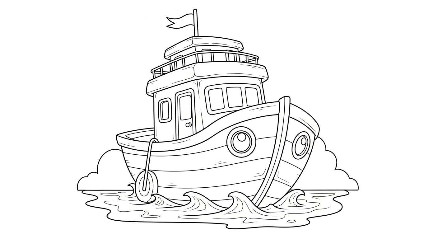 Desenho de contorno de um barco rebocador com cabine de comando, janelas frontais, porta lateral, boia de segurança e uma bandeira no topo.