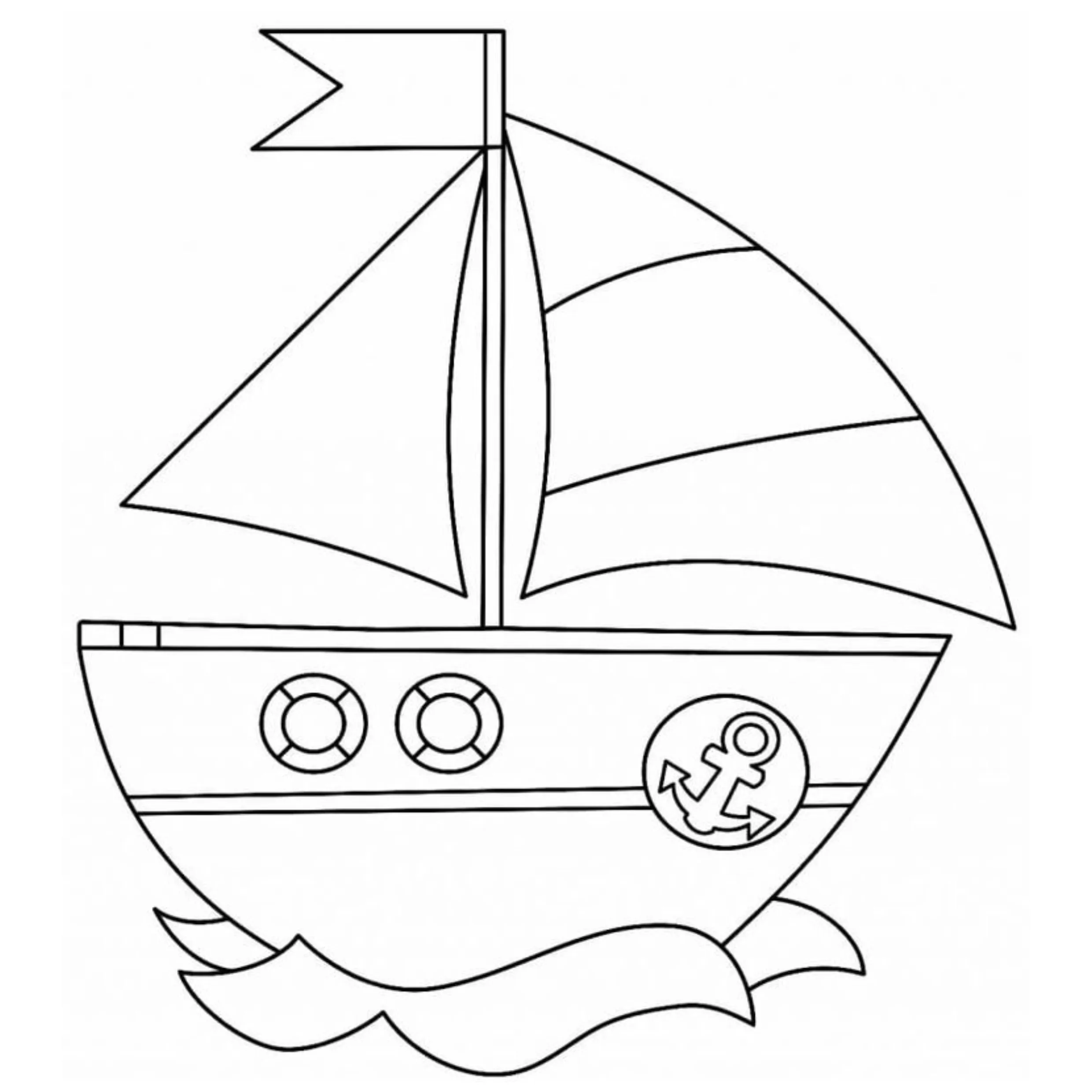 Desenho de contorno simples de um barco com duas velas, uma bandeira no topo, duas boias circulares e um círculo com uma âncora no casco.