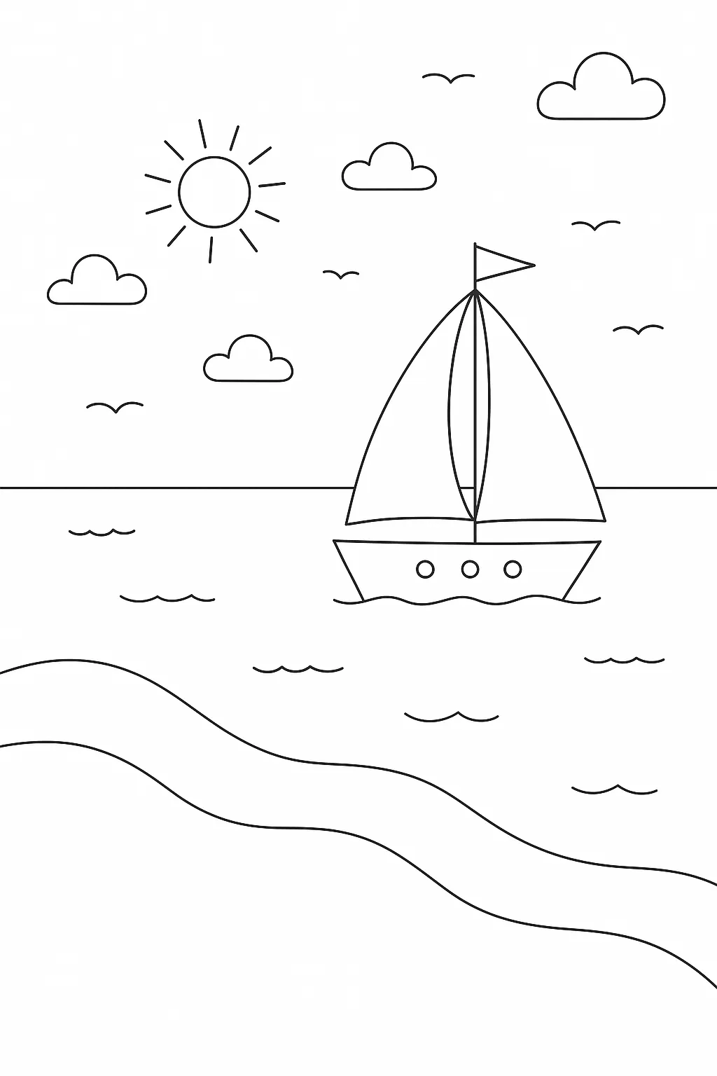 Desenho de contorno simples de um veleiro com duas velas navegando no mar, visto da areia da praia, com sol e pássaros ao fundo.