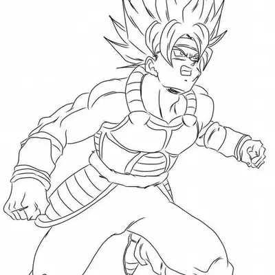 Desenho de contorno em preto e branco do personagem Bardock transformado em Super Saiyajin, usando armadura de combate, bandana na testa e em posição de ataque.