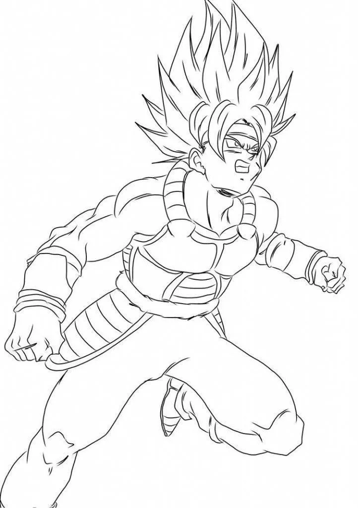 Desenho de contorno em preto e branco do personagem Bardock transformado em Super Saiyajin, usando armadura de combate, bandana na testa e em posição de ataque.