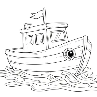 Desenho de contorno de um pequeno barco de madeira com um olho grande na frente, cabine com janelas quadradas e uma pequena bandeira no topo, sobre ondas suaves.