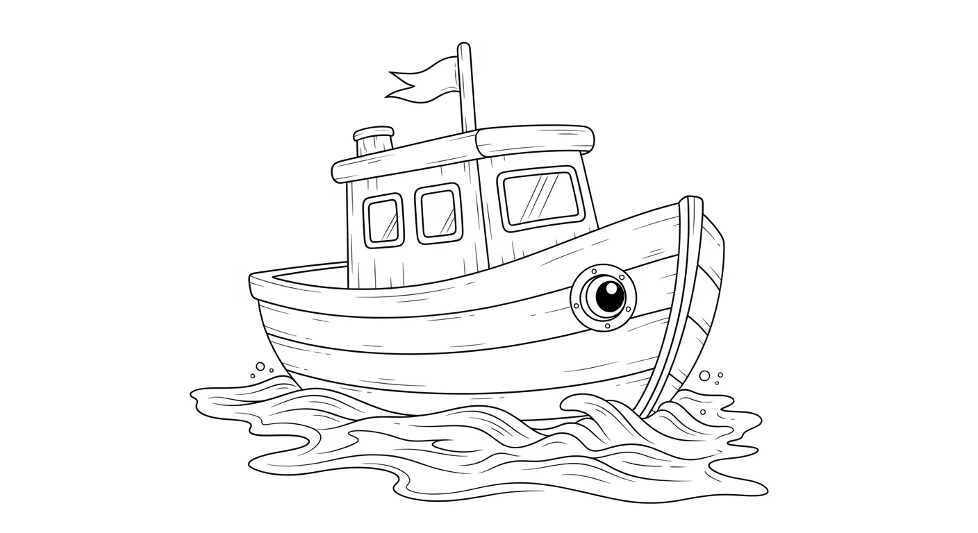 Desenho de contorno de um pequeno barco de madeira com um olho grande na frente, cabine com janelas quadradas e uma pequena bandeira no topo, sobre ondas suaves.