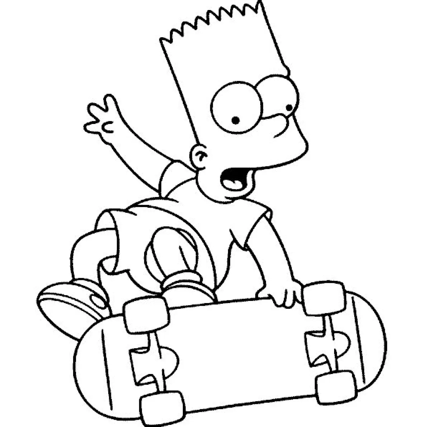 Desenho de contorno do personagem Bart Simpson equilibrado em um skate, com expressão de surpresa ou foco durante uma manobra.