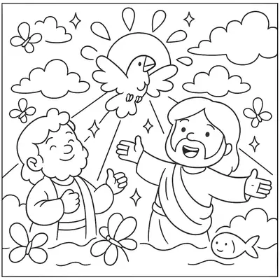 Desenho de contorno estilo infantil de Jesus e João Batista no rio, com uma pomba voando sob o sol, cercados por borboletas e um peixinho.
