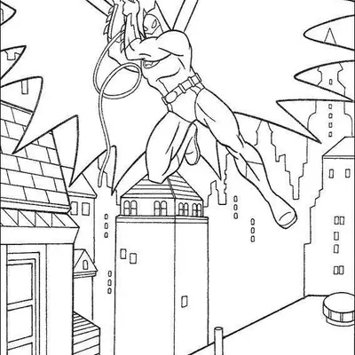 Desenho de contorno do Batman saltando de um prédio e segurando uma corda, com a paisagem urbana de Gotham City e janelas de edifícios ao fundo.