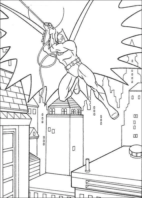 Desenho de contorno do Batman saltando de um prédio e segurando uma corda, com a paisagem urbana de Gotham City e janelas de edifícios ao fundo.