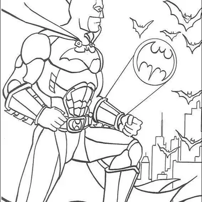 Desenho de contorno do Batman de perfil, com armadura detalhada, observando a cidade de Gotham com o Bat-Sinal projetado no céu e morcegos voando.