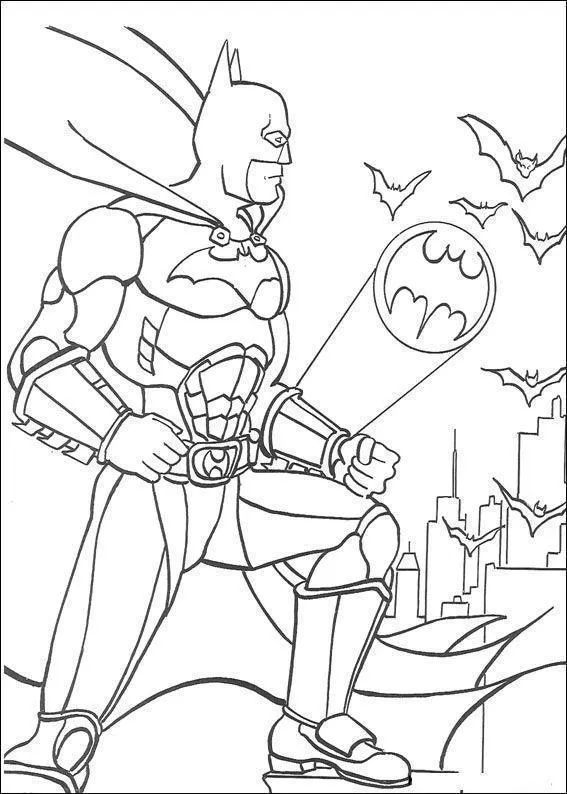Desenho de contorno do Batman de perfil, com armadura detalhada, observando a cidade de Gotham com o Bat-Sinal projetado no céu e morcegos voando.