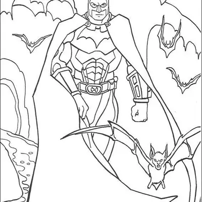Desenho de contorno do Batman caminhando em uma caverna, vestindo armadura detalhada e capa longa, com vários morcegos voando ao seu redor.