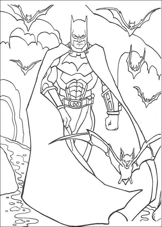 Desenho de contorno do Batman caminhando em uma caverna, vestindo armadura detalhada e capa longa, com vários morcegos voando ao seu redor.