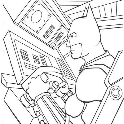 Desenho de contorno do Batman de perfil, operando o painel de controle do Batcomputador com várias telas e botões na Batcaverna.