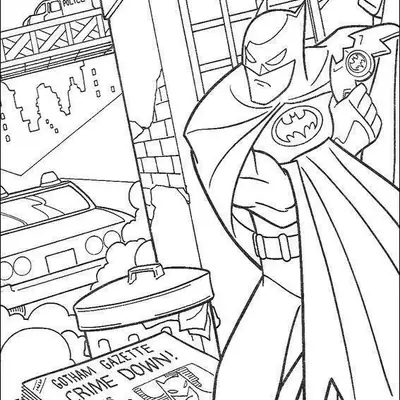 Desenho de contorno do Batman em um beco, segurando uma Bat-garra, com um jornal Gotham Gazette em primeiro plano e o Bat-móvel ao fundo.