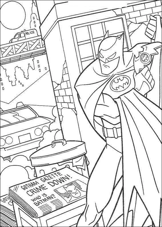 Desenho de contorno do Batman em um beco, segurando uma Bat-garra, com um jornal Gotham Gazette em primeiro plano e o Bat-móvel ao fundo.