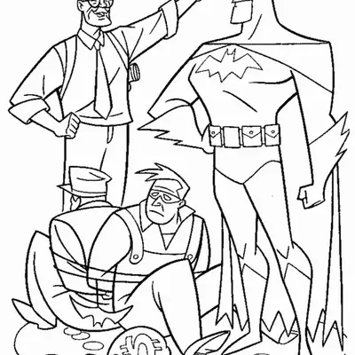 Desenho de contorno do Batman ao lado do Comissário Gordon, que aponta para cima, enquanto dois criminosos estão amarrados no chão com sacos de dinheiro.