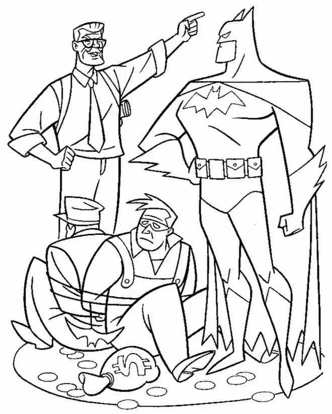 Desenho de contorno do Batman ao lado do Comissário Gordon, que aponta para cima, enquanto dois criminosos estão amarrados no chão com sacos de dinheiro.