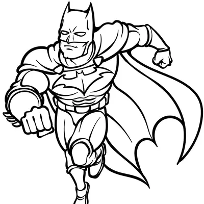 Desenho de contorno do Batman correndo para a frente, com o punho cerrado em destaque e a capa voando, estilo herói de ação.