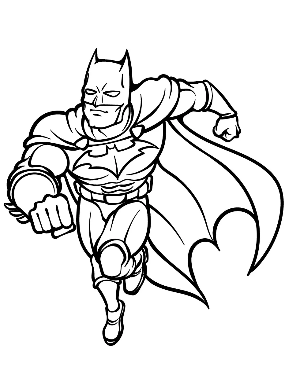 Desenho de contorno do Batman correndo para a frente, com o punho cerrado em destaque e a capa voando, estilo herói de ação.