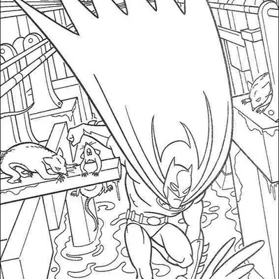 Desenho de contorno do Batman agachado em um esgoto, com sua capa esvoaçante ocupando o topo, cercado por ratos em vigas e canos ao fundo.