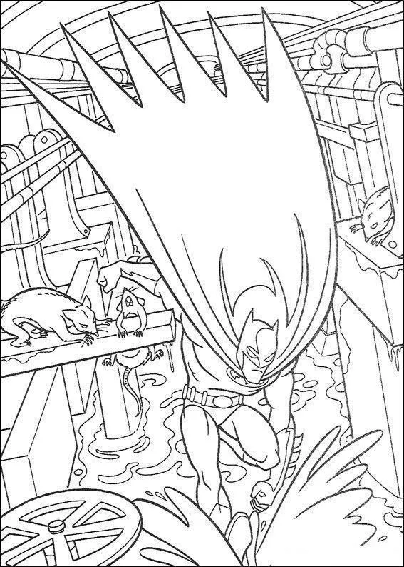 Desenho de contorno do Batman agachado em um esgoto, com sua capa esvoaçante ocupando o topo, cercado por ratos em vigas e canos ao fundo.