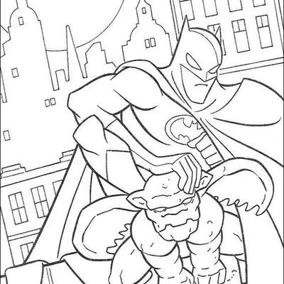 Desenho de contorno do Batman agachado atrás de uma gárgula de pedra no topo de um edifício, com a lua cheia e silhuetas de prédios ao fundo.