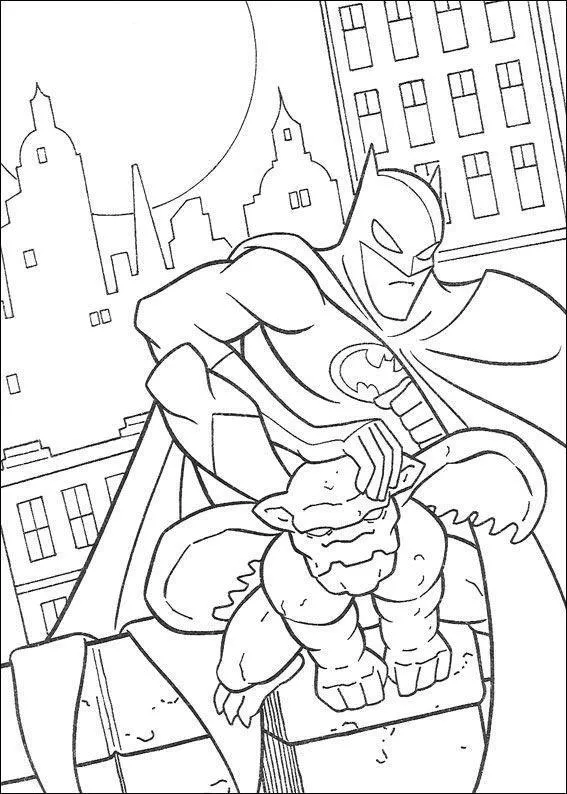 Desenho de contorno do Batman agachado atrás de uma gárgula de pedra no topo de um edifício, com a lua cheia e silhuetas de prédios ao fundo.