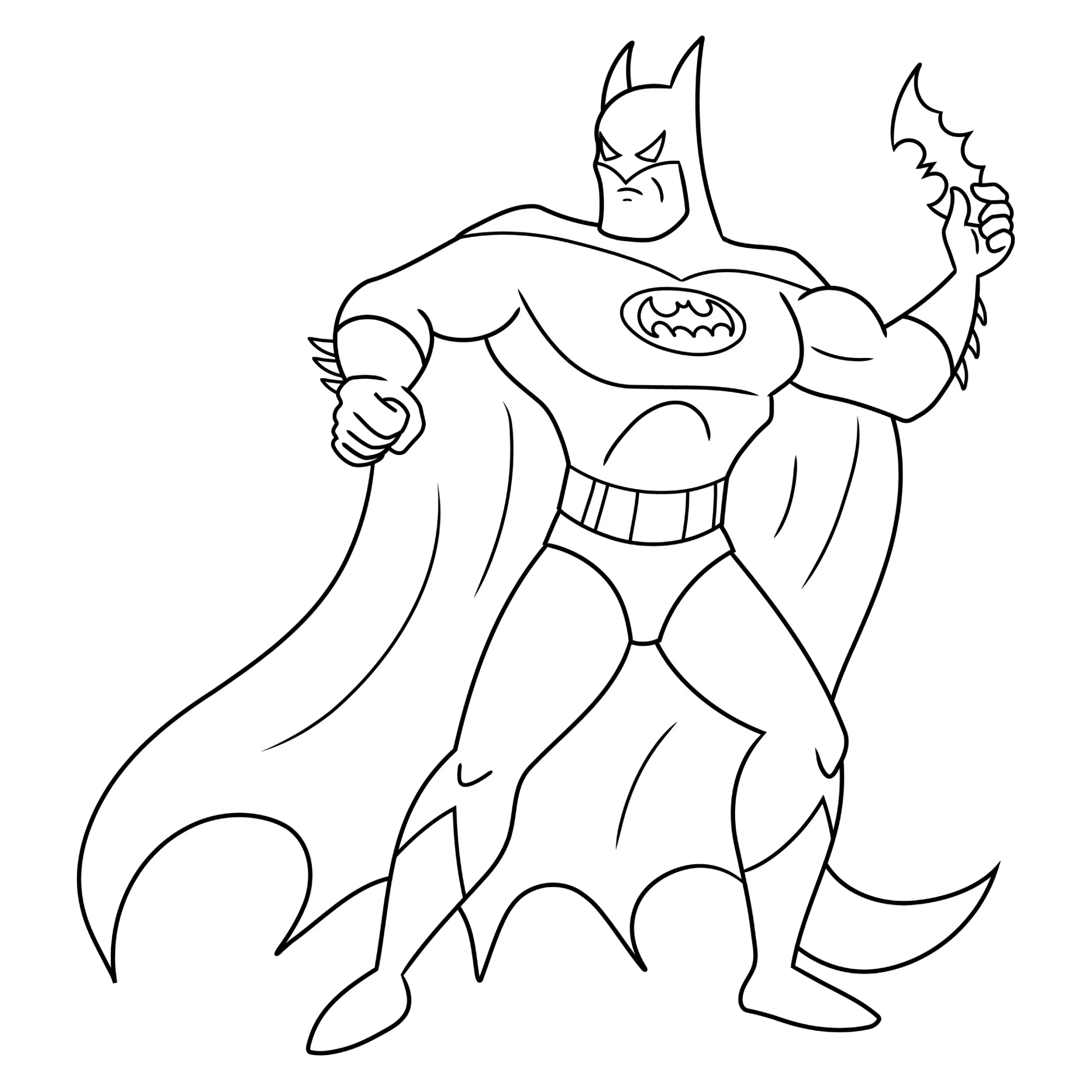 Desenho de contorno do Batman em pé com as pernas afastadas, segurando um Batarang na mão esquerda e com a capa ao vento.