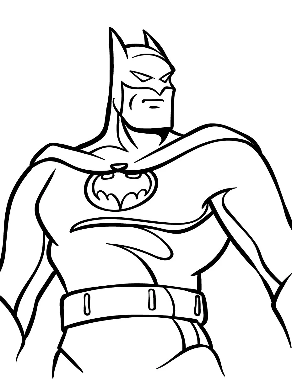 Desenho de contorno do Batman de meio corpo, com foco no peitoral musculoso, emblema oval do morcego e cinto de utilidades simples.