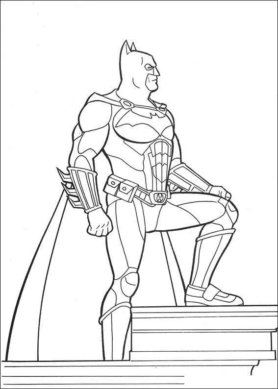 Desenho de contorno do Batman de perfil, com um pé elevado sobre um degrau, exibindo detalhes da armadura, manoplas e cinto de utilidades.