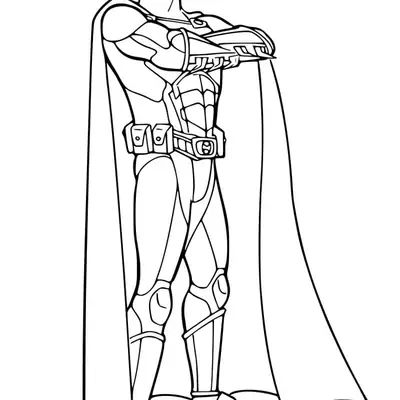 Desenho de contorno do Batman em pé, de braços cruzados, usando armadura com peitoral segmentado, cinto de utilidades com bolsas e capa comprida.