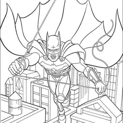 Desenho de contorno do Batman deslizando por um cabo de aço entre edifícios, com capa aberta em formato de leque e detalhes de armadura.