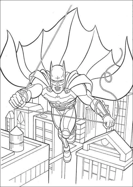 Desenho de contorno do Batman deslizando por um cabo de aço entre edifícios, com capa aberta em formato de leque e detalhes de armadura.